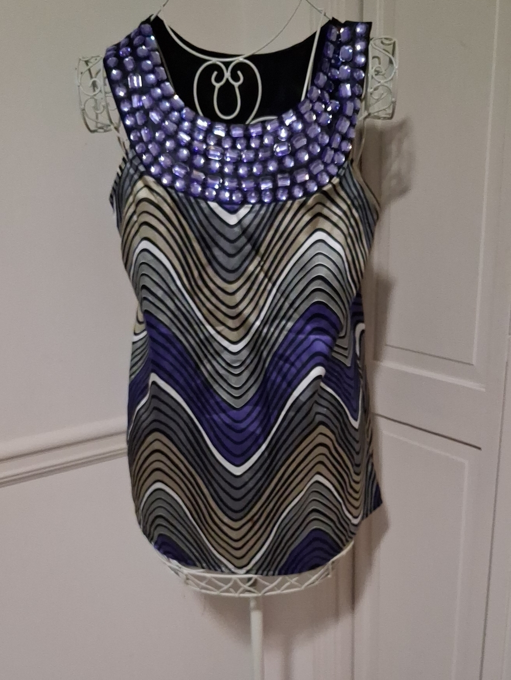 She's Cool Purple Embellished Wave-Print Sleeveless Top
